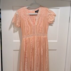 Beautiful peach lace dress, size small. The most delicate touches to this dress.